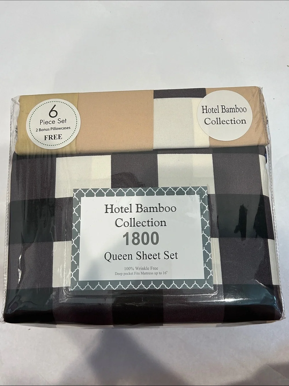 Hotel bamboo collection nova check Tan Black Plaid Six-Piece Sheet Set Queen new